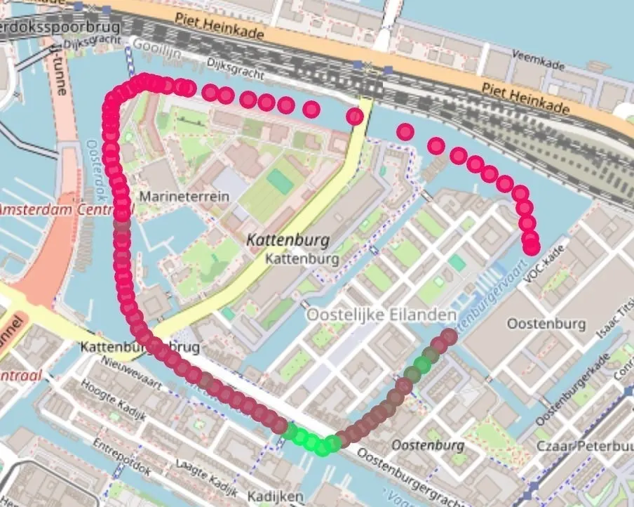 Map of an Amsterdam canal route with coloured measurement points